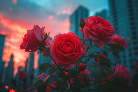 A bunch of striking red roses stands out against a captivating city skyline.の素材