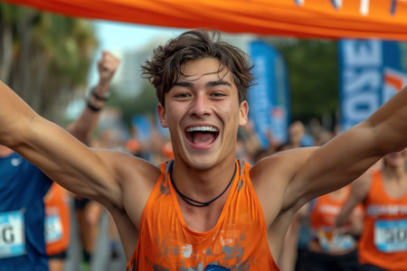 A young male runner celebrates the moment he crosses the marathon finish line.の素材