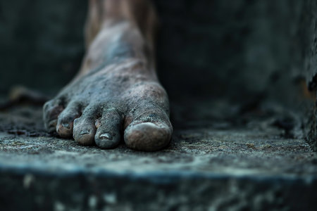 This close-up photograph captures the intricate details of a persons foot, revealing the organic connection between humanity and the earth through the presence of dirt.の素材