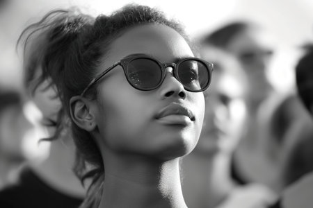 A captivating image of a woman wearing sunglasses as she directs her gaze upwards at the vast expanse of the sky.の素材