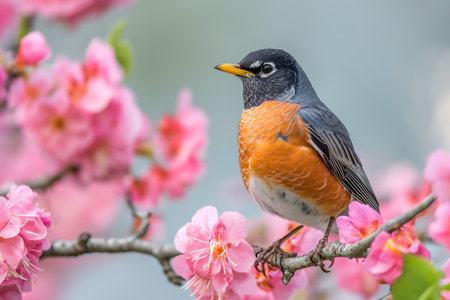 A vibrant American Robin is seen perched among pink cherry blossoms, a classic sign of spring in a backyard ecosystem.の素材