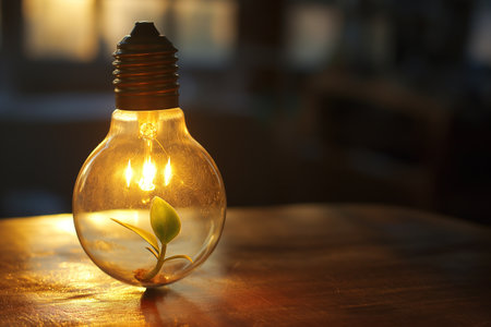 A captivating image featuring a sprouting seed within a light bulb, beautifully illuminated by the electric filament.の素材