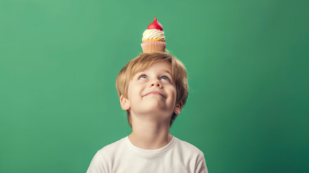 A happy young boy with a cupcake balanced on top of his head looks excitedly at the camera.の素材