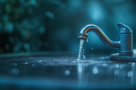 A close up view of a faucet with water flowing out of it.の素材