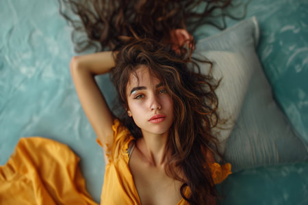 A woman lying on a bed while her hair is being blown by the wind.の素材