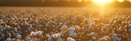 Panoramic of a cotton field at sunset.の素材