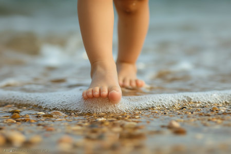 A close-up photo capturing the feet of a child taking their first barefoot steps on the sandy beach.の素材