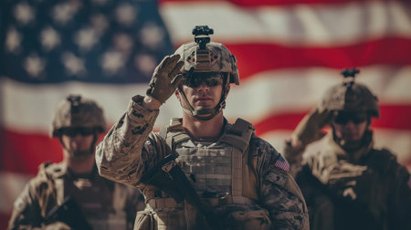 A soldier dressed in a Military Special Forces uniform salutes with reverence and respect in front of an American flag.の素材