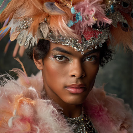 This photo captures a close-up shot of a transgender male dressed as a drag queen, in a wide shot.の素材