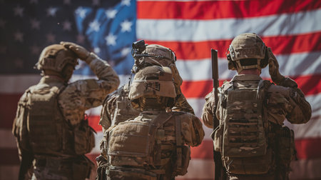 A group of soldiers in military special forces uniforms saluting with respect in front of an American flag.の素材