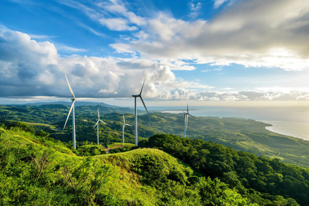 A photo of multiple wind turbines standing on top of a vibrant green hill, generating renewable energy.の素材