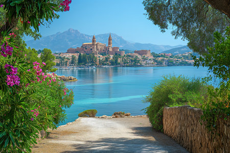 A panoramic view capturing the beautiful lake and cityscape in Palma de Mallorca, Spain.の素材