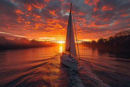 A sailboat glides through the water, with the stunning colors of sunset illuminating the sky.の素材