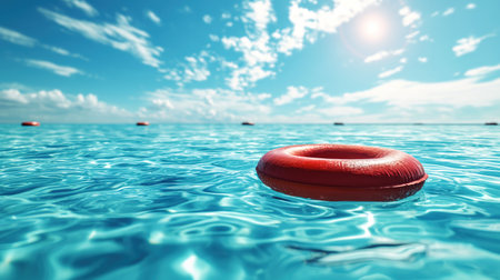 A red life preserver is seen floating in the middle of a body of water during summer.の素材