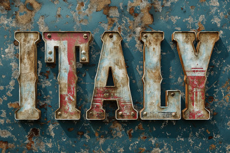 An old, rusted metal sign bearing the word Play stands prominently against a backdrop of weathered textures and patina.の素材