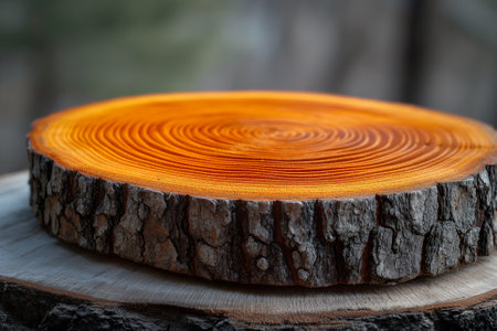 A detailed view of a slice of wood on a tree stump, showing its natural texture and raw beauty.の素材