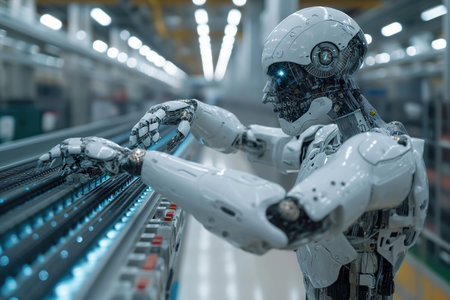 A humanoid robot takes care of routine mechanical tasks, replacing hard-working people.の素材