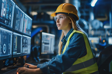 Female engineer works in the control post of a power plant, monitoring the safety of the plant.の素材