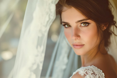 Close-up portrait of a beautiful newly married woman, wearing a wedding dress and veil.の素材