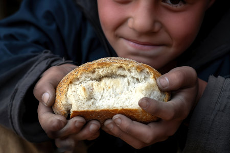 A person emphasizes the connection between food, sustenance, and basic needs by holding a piece of bread in their hands.の素材