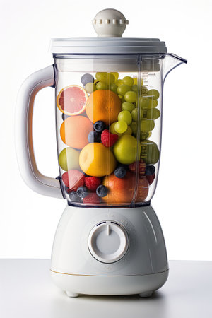 A variety of fruits, including berries, citrus, and tropical fruits, are blended together in a modern white blender.の素材