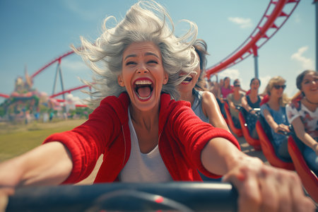 An elderly lady rides a roller coaster for the first time and squeals with excitement.の素材
