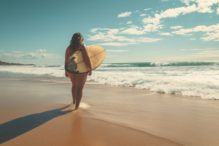 A young woman alone enjoys the first swim of the year on the beach with her surfboard.の素材