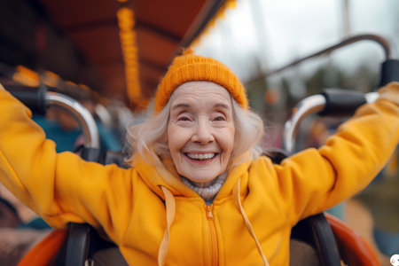Active Senior Women Engaged on Roller Coaster , very happy, wearing sweatshirt hoodie, thrilled, worried FACE EXPRESSIONの素材
