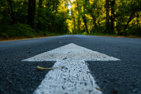 An arrow painted on a road surrounded by trees in the background, indicating directional guidance.の素材