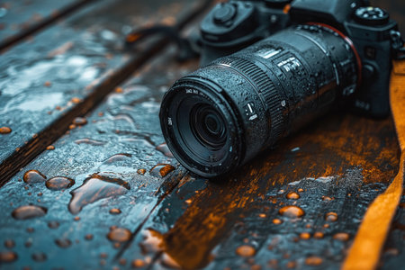 A camera is placed on top of a wooden table.の素材