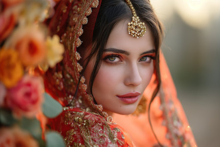 A woman dressed in a red and gold bridal outfit poses for a photo.の素材