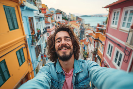 A travel vlogger captures a selfie using a smartphone, standing in front of vibrant buildings.の素材