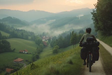 A man confidently rides his bike down a dirt road, exploring the scenic landscapes on his journey.の素材