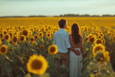 A man and a woman, both farmers, standing amidst a vibrant field of sunflowers.の素材