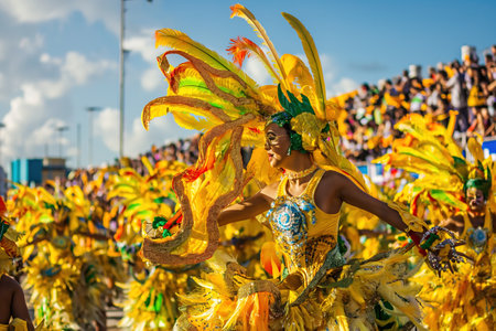 A lively group of people stands on the street, participating in a Brazil festival parade, showcasing colorful costumes and energetic samba dancing.の素材