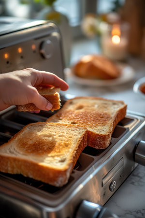 A close-up shot of a person placing two slices of bread into an electric toaster.の素材