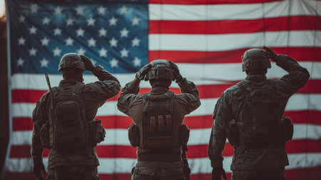 A group of USA military Special Forces soldiers dressed in uniform, saluting in front of an American flag.の素材
