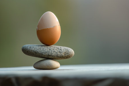 A brown egg precariously balanced atop a heap of rocks, showing the contrast between the organic shape and the ruggedness of the stones.の素材