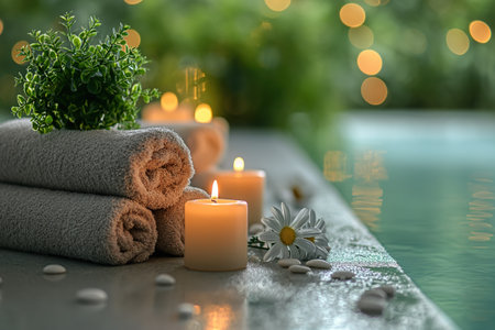 A couple of towels are placed on top of a table, next to a candle.の素材