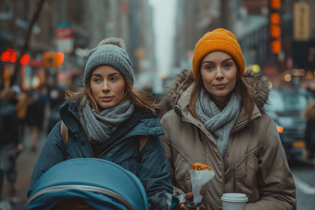 Two women are seen walking down the street while pushing baby carriages and holding cups of coffee.の素材