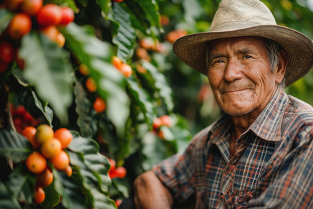A man wearing a hat stands next to a tree filled with oranges.の素材
