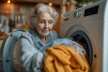 An older woman is taking laundry out of a washing machine.の素材