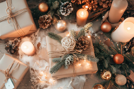 Beautiful gift boxes, on a table with Christmas details.の素材