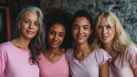 A diverse group of four women of different ages and ethnicities standing next to each other.の素材