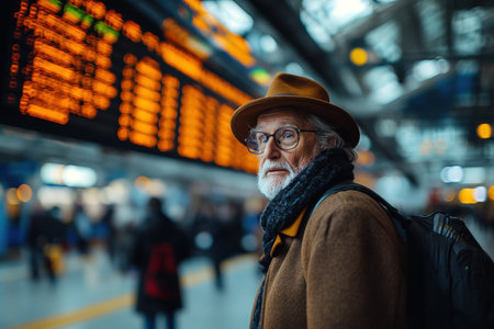 A stylish elderly man wearing a hat and glasses stands in a bustling train station.の素材