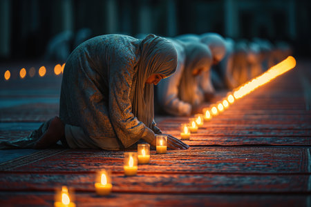 A person kneeling down in front of a row of lit candles, engaging in a spiritual ritual.の素材