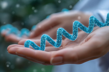a persons hands holding a strand of vibrant blue beads, showing the delicate texture and intense color.の素材