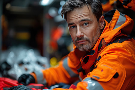 A man wearing an orange jacket sits on a motorcycle, showing the combination of the human subject and the vehicle.の素材