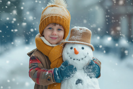 A little boy in warm clothes holds a snowman in the snowy outdoors during winter.の素材