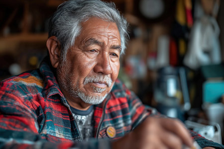 An older Hispanic man sitting at a table and checking his blood sugar levels at home.の素材